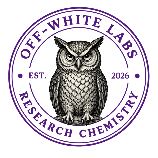 Off-White Labs institutional seal with violet lettering and a black owl