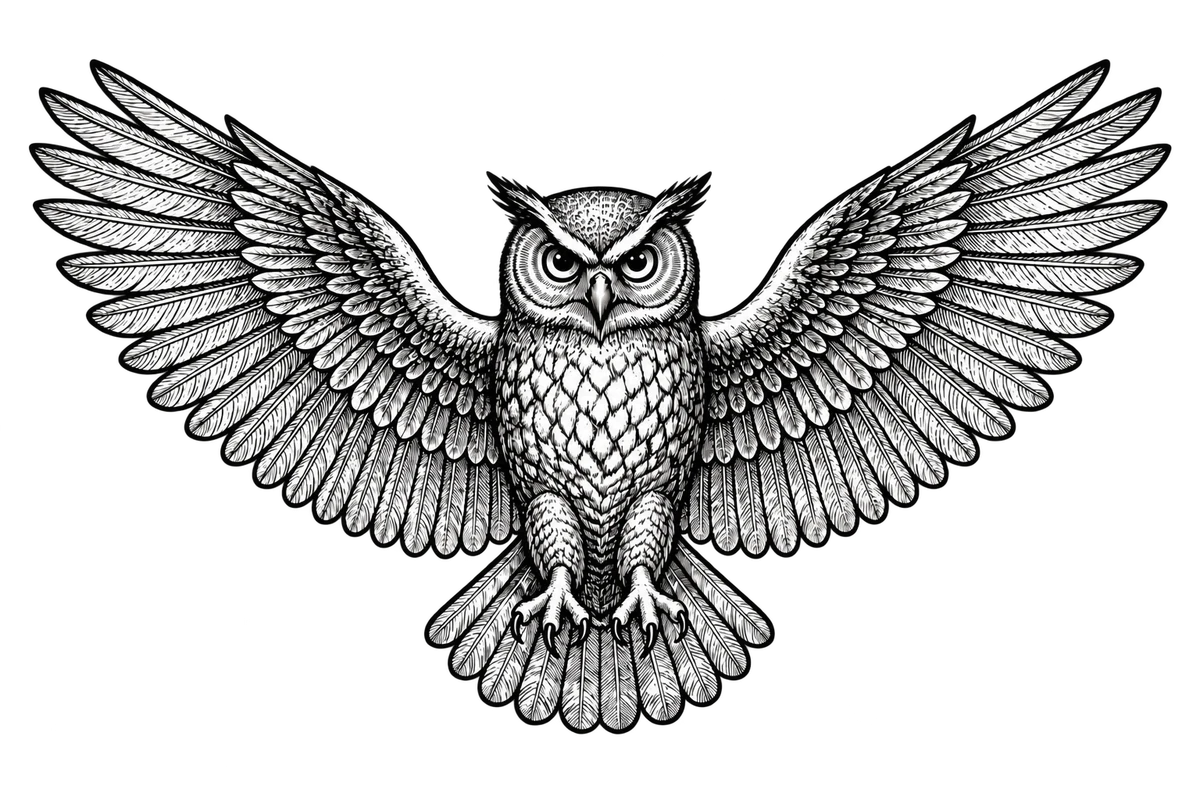 A finely engraved owl with its wings spread