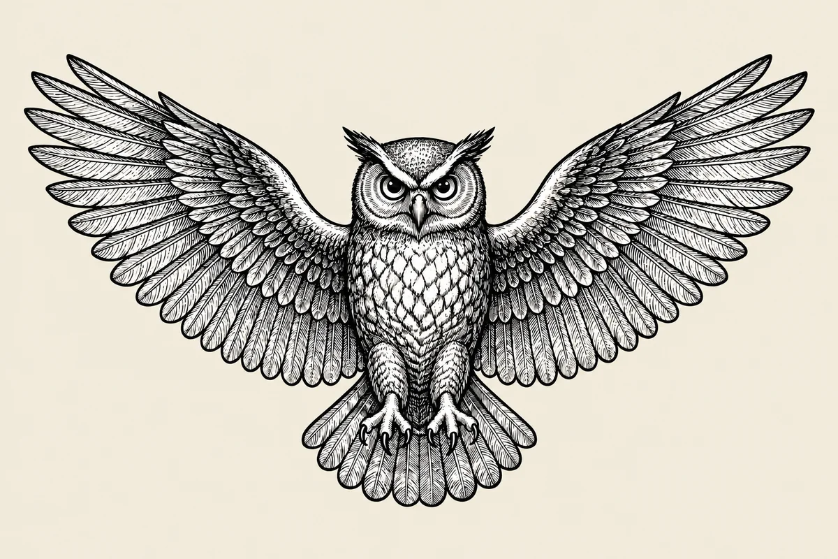An engraved owl with its wings fully spread